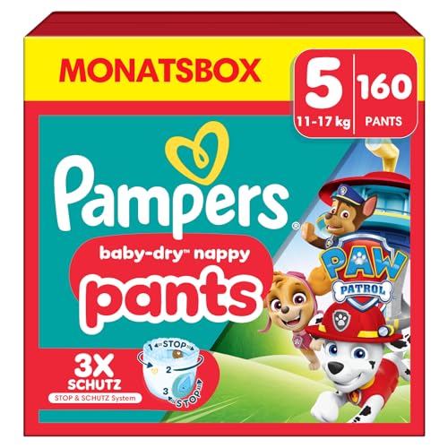 Pampers Baby-Dry Pants Paw Patrol Edition Größe 5, 160 Windeln, 11kg-17kg, 360° Passform hilft, Auslaufen zu verhindern
