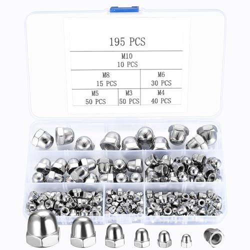 Hutmuttern hohe Form Set, 195 Stk Edelstahl Sechskantmuttern, M3/M4/M5/M6/M8/M10 Sechskant Hutmuttern, Innengewinde Abdeckkappen Kuppelmuttern Hutmuttern