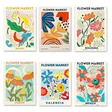 6Pcs FLOWER MARKET Poster Set - Stilvolles Blumen Kunstdrucke A4 Moderne Wandbilder Vintage Wanddeko Ohne Rahmen - Premium Poster für Wohnzimmer, Schlafzimmer, Esszimmer