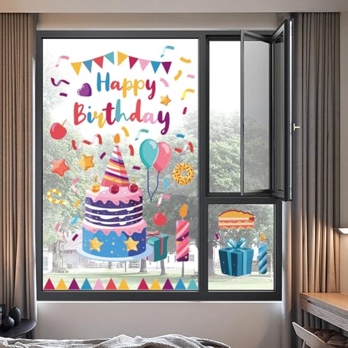 PLIGREAT 2 Blätter Alles Gute zum Geburtstag Fenster Klammern Aquarell Geburtstag Kuchen Band Fenster Aufkleber Abnehmbare Geburtstag Dekoration Aufkleber für Frauen Kinder Party Fenster Glas Dekor