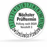 Fluxxx 112 Stk Prüfplaketten "Nächster Prüftermin", 20 mm Ø, Prüfetiketten nach DGUV V3, 2024-2029, selbstklebend, Prüfaufkleber, E-Check Prüfetikett, Plakette für Elektrogeräte (Grün, 1 Bogen)