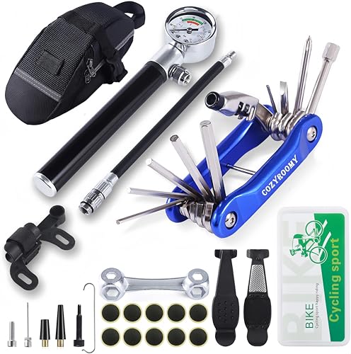 COZYROOMY Fahrrad Reifen Reparaturset - Reparatur Werkzeug Set mit 210 Psi-Minipumpe 10 in 1 Multitool (Mit Kettenabscheider),10 Fahrrad Flicken, 3 In 1 Reifenheber, Saddle Bag. 6 Monate Garantie