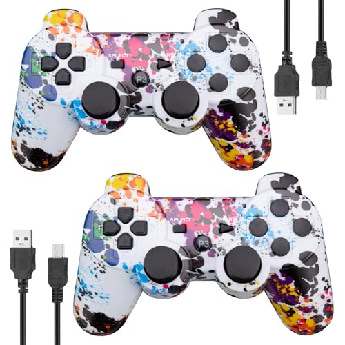 Powerextra 2er Pack PS-3 Controller Wireless Bluetooth PS-3 Hochleistungs Wireless-Double-Shock-Controller für Play-Station 3-Spielekonsole für Double-Shock-Game-Konsole mit Ladekabel(Graffiti)