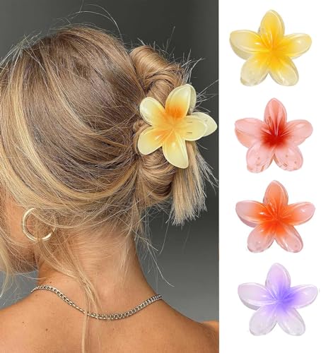 IOSPKKIO® 4 Stück Blumen-Haarklammern, starker Halt, große Krallenklammern für dickes Haar, rutschfeste Haarklammern für Frauen, hawaiianische Blumen-Klauenklammern, 4 Farben