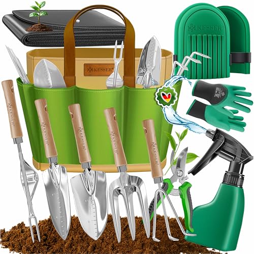 KESSER® Gartenwerkzeug Set 10-teilig mit ergonomischen Holzgriffen inkl. wasserdichte Tasche aus 600D Oxford-Material, Knieschoner, Pflanzmatte, Sprühflasche, Gartenschere, Handschuhe für Gartenarbeit