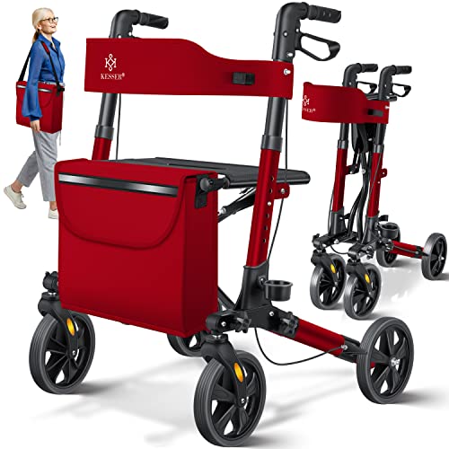 KESSER Rollator Aluminium Set, Leichtgewicht-Reiserollator mit Vollausstattung, 3-fach faltbar für Kofferraum klappbar Reise und Flug, Höhe verstellbar, Gurt, Stockhalter Gehwagen Laufhilfe Gehhilfe