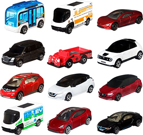 Matchbox HGW60 - MBX Elektro Autos 12er-Pack, Elektroautos und -Trucks aus Metall, kunststofffreie Verpackung, Spielzeug für Kinder ab 3 Jahren