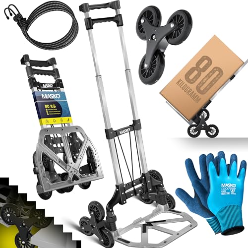 MASKO® Stufen-Sackkarre Treppenkarre Klappbar 80 kg Tragkraft 3x3 Treppensteiger inkl. Rädern + Expanderseil + Handschuhe - höhenverstellbarer Griff - Aluminium Handkarre für Transportkarre Schwarz