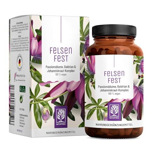 FELSENFEST - Johanniskraut Baldrian Passionsblume Kapseln hochdosiert - Vergleichssieger * - St Johns Wort mit Folsäure & B12 - Vegan - 90 Kapseln