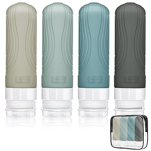 Brovamo Silikon Reiseflaschen 90ml Set, 4 Stück Auslaufsicher Reiseflaschen zum Befüllen mit Reise Organizer,Tragbar, Zusammendrückbar Abfüllflaschen Reise für Shampoo Toilettenartikel [Netural-Serie]