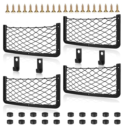 Omtofo 4 Stück 36 x 18cm Auto Aufbewahrungsnetz, Elastisch Kofferraum Netztasche Mit Haken, Gepäcknetz Ablagenetz für Wohnmobil, Wohnwagen, LKW, Boote, Lieferwagen