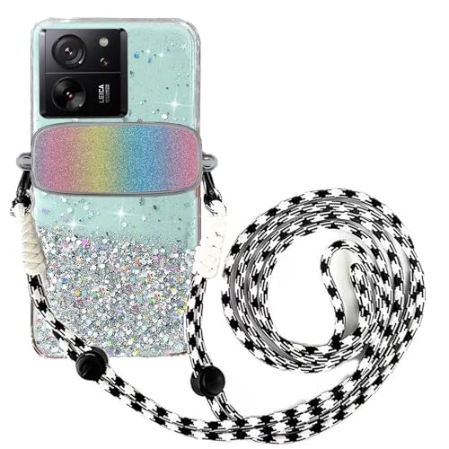 Tivenfezk Nadoli für Xiaomi 13T/13T Pro Glitzer Handykette Hülle,Silikon Bling Durchsichtig Crossbody Tasche zum Umhängen Schutzhülle mit Telefon Clip Halter Band