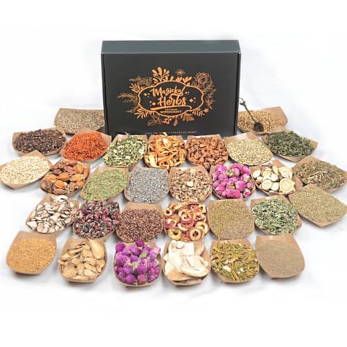 Magical Herbal Kit - 30 getrocknete Kräuter in beschrifteten Beuteln, Kristalllöffel für Wicca-Rituale, Energiereinigung, Zaubersprüche, Spirituelle Heilung, DIY Zaubergläser, Kerzenherstellung