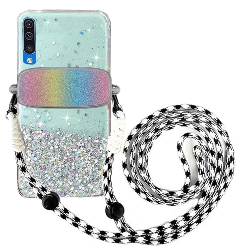 Tivenfezk Nadoli für Samsung Galaxy A70 Glitzer Handykette Hülle,Silikon Bling Durchsichtig Crossbody Tasche zum Umhängen Schutzhülle mit Telefon Clip Halter Band