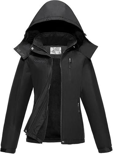 OutPro Skijacke Damen mit Wasserdichte Regenjacke Winddicht Warm Winterjacke Hooded Abnehmbarer, mit Reißverschlusstaschen Snowboardjacke Geeignet für Outdoor-Aktivitäten, Skifahren Schwarz XXXL