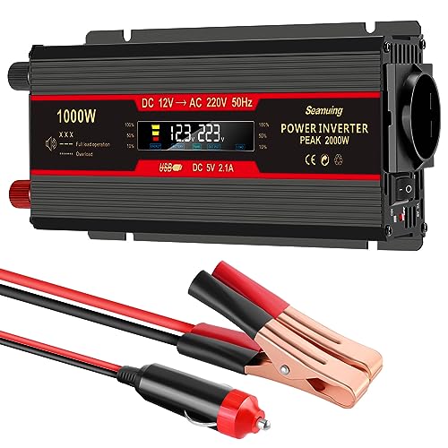 Seamuing 2000W Wechselrichter DC 12V auf AC 230V Spannungswandler 1 AC Steckdose & 2 USB Port Stromwandler mit Alligatorclip Zigarettenanzünder Stecker Power Inverter für Auto KFZ Wohnwagen LKW