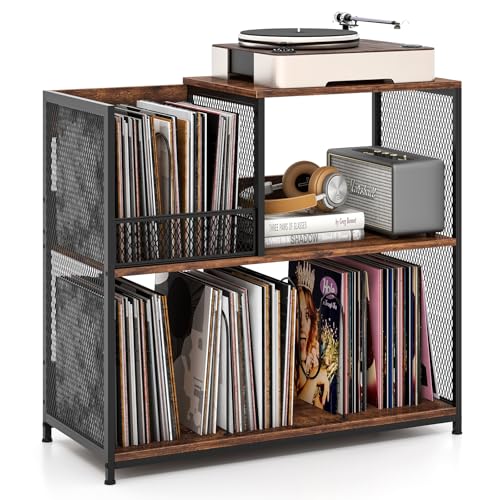 COSTWAY 3-stöckiger Plattenspielerständer für bis zu 300 Alben, Grammophontisch mit 3 herausnehmbaren Trennwänden und Metallrahmen, Vinyl-Präsentationsregal für Wohnzimmer
