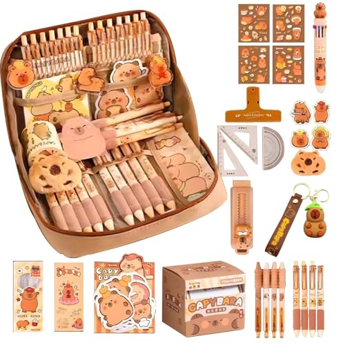 Flanliy Capybara Federmäppchen, 54 Stück Capybara Sachen, Federmäppchen Aesthetic, Capybara Schreibwaren Set mit Stiften, Clips, Linealen und Mehr, Süßes Schreibwaren Geschenkset für Kinder