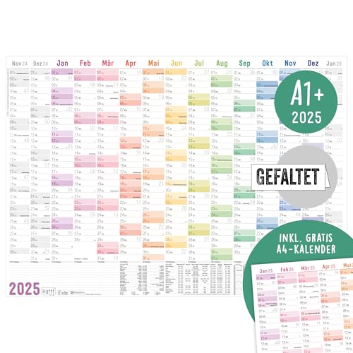 Häfft XXL Wandkalender 2025 groß A1+ (63 x 89 cm) "Rainbow" 15 Monate Nov 2024 - Jan 2026 + gratis A4-Jahresplaner, Wandplaner Jahreskalender gefalzt - nachhaltig & klimafreundlich