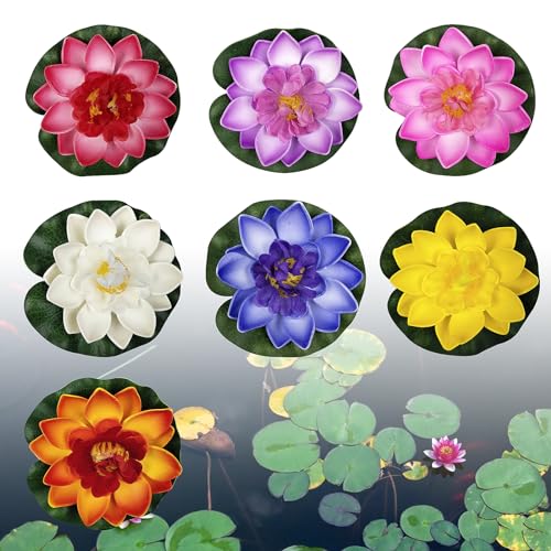 7 Stück Künstliche Seerosen, 10cm Teichpflanzen Lotusblume Seerosen Künstlich Teichdeko Lotus Miniteich Schwimmdeko Deko Zubehör für Aquarium, Draußen, Garten, Teich