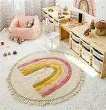 Herfair Teppich Rund, Regenbogen Kinderteppich Mädchen Weiche Boho Kinderzimmerteppich Babymatte rutschfest für Schlafzimmer Kinderzimmer (Rosa,80cm)