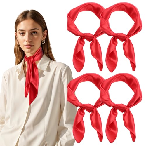 simarro 4 Stück Damen Seidiger Quadratischer Schal, Damen Rot Halstuch Seidenähnliches Satin Tuch Seidentücher Chiffon Schals Kopftuch, 60 x 60 cm