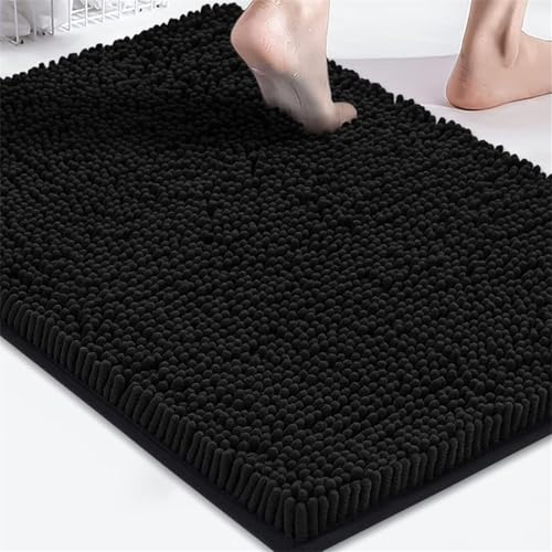 Surwin Chenille Badematte rutschfest Badteppich, Chenille Weich Flauschig Badezimmermatten Badezimmerteppich Saugfähig Waschbar Badvorleger Fußmatte für Badezimmer Toilette (Schwarz,40x60cm)