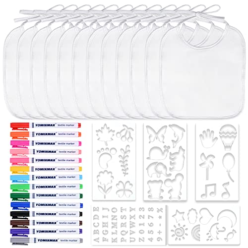 Faburo 12 Stück Baby Lätzchen zum Bemalen, 20 * 24cm Baby Lätzchen aus Baumwolle Doppelseitig mit 14pcs Farbigem Textilstift 5pcs Malen Schablonen für Babyshower Party