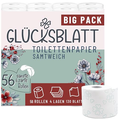Glücksblatt Toilettenpapier SAMTWEICH mit Vanilleduft, 4-lagig, 56 Rollen x 130 Blatt, 100% Zellstoff, superweiches Klopapier mit Glücks-Prägung, WC Papier, Verpackung aus mind. 30% PCR
