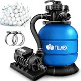 tillvex® Sandfilteranlage Pool 7.900L/h inkl. 400g Filterbälle | Filteranlage 7-Wege Ventil & 2in1 Adapter Ø32mm - 38mm | Poolfilter mit Druckanzeige | Sandfilter für Schwimmbecken (Blau)