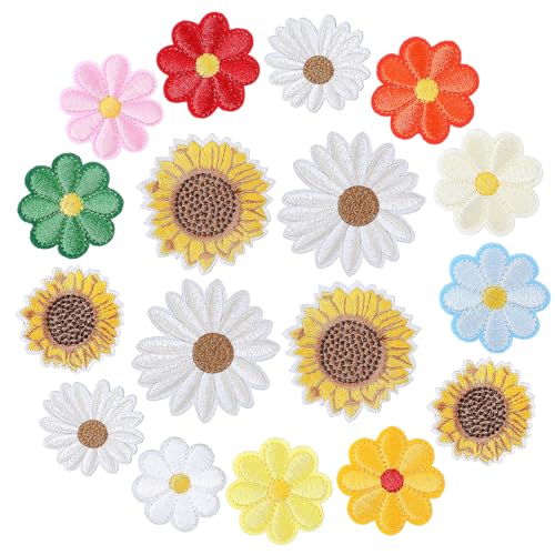 17 Stück Blumen Patches zum Aufbügeln Groß Kleider Stickerei Gänseblümchen Sonnenblumen Bügelbilder Nähflicken Blumen Aufnäher Bügelflicken Kinder für Rucksäcke Hüte Jeansflicken Draufbügeln Jacken