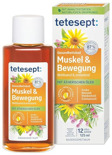 tetesept Muskel & Bewegung Bad – Gesundheitsbad für Entspannung & Lockerung mit 4 ätherischen Ölen – Wohltuender Badezusatz durchwärmt und entlastet – 1 x 125 ml