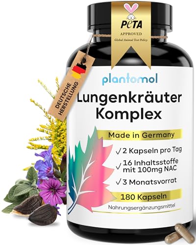 16-fach Komplex! 180 Lungenkraut Kapseln hochdosiert mit Malvenblättern Thymian Primzelwurzel Eukalyptus Salbeiblättern Ingwer & Lungwort hochdosiert - vegan - Lungenkraut PLUS von plantomol®