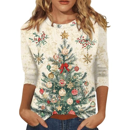 Christmas T Shirt Damen Bluse 3/4 Arm Damen Tunika 3/4 Arm Damen Baumwolle Sport Shirts für Damen Hippie Kostüm Damen Grünes T-Shirt 3/4 Arm Pullover Schwarz Viskose Shirt Beige L