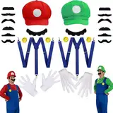 Xiujuers Mario Und Luigi Kostüm, Super Mario Kostüm, Mario Luigi Kostüm Accessories mit Kappen, Handschuhen, Bart, Knöpfen, Mario und Luigi Mütze, Super Mario Mütze, Geeignet für Kinder Erwachsene