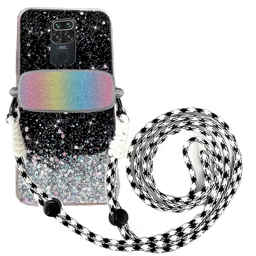 Tivenfezk Nadoli für Xiaomi Redmi Note 9 Glitzer Handykette Hülle,Silikon Bling Durchsichtig Crossbody Tasche zum Umhängen Schutzhülle mit Telefon Clip Halter Band