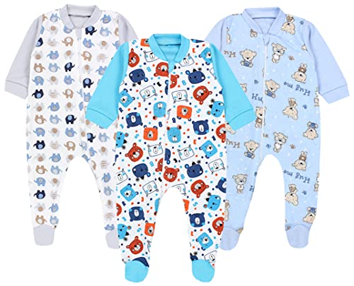 TupTam Baby Unisex Schlafstrampler Mädchen Schlafanzug mit Fuß Jungen Spieler 3er Pack, Farbe: Bärchen/Elefanten/Blau/Grau, Größe: 62