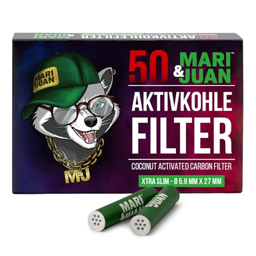 Mari & Juan 50 Aktivkohlefilter SLIM I 5,9 mm dünne Filter mit Aktivkohle auf Kokosnussbasis, 50 Stück in Grün I Schadstoffärmeres Rauchgefühl