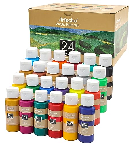 Artecho Acrylfarben Set 24x59 ml, Acrylic Paint Set, Wasserfest und Lichtecht, Schnell Trocknend, ideal für Leinwand, Papier und Stoffe.