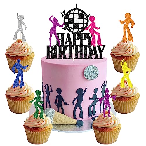 25 Stück Disco Tortendeko Tanzende Menschen Cake Toppers 70er 80er Jahre Disco Tanzen Cupcake Topper Discokugel Kuchen Toppers für Hippie Neon Party Dekorationen Disco Ball Dance Geburtstag Party