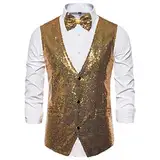 Anzugweste für Herren Glitzer Weste mit Fliege Set Ärmellos Anzugwesten V-Ausschnitt Blazer Pailletten Sakko Glänzende Herrenjacke Anzug Westen Karneval Kostüm für Hochzeit Party Festlich Disco Outfit