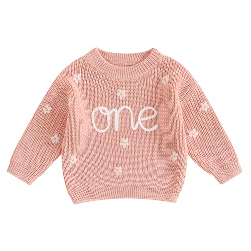 Baby Herbst Pullover Geburtstag Pullover One Stickerei Pullover Erster Geburtstag Rippenstrickpullover Baby 1. Geburtstag Strickpullover Langarm Blumen Buchstaben Pullover (Rosa-A, 9-12 Months)