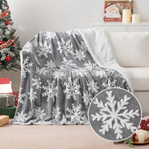 MIULEE Kuscheldecke Weihnachts Sherpa Decke Warme Lammdecke Wohndecke Davidshirsch Weihnachtsbaum Schneeflocken Muster Sofadecke Dicke Tagesdecke Couchdecke Überwürfe für Sofa Bett 150x200 cm Grau-C