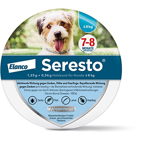 Seresto Elanco Halsband für kleine Hunde bis 8 kg: 7 bis 8 Monate wirksamer Schutz gegen Zecken und Flöhe, Länge 36 cm, 1,25 g + 0,56 g