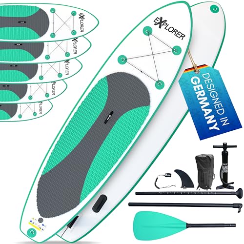 EXPLORER Stand Up Paddling Board Mint 300x76x15cm 115kg Komplettset mit Alu-Paddel, Rucksack, Pumpe, Finne und Flickenset