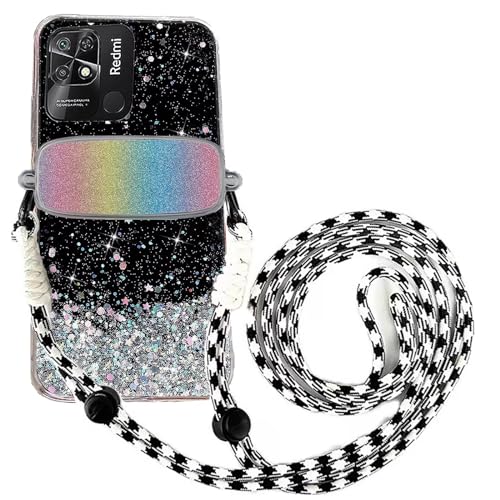 Tivenfezk Nadoli für Xiaomi Redmi 10C Glitzer Handykette Hülle,Silikon Bling Durchsichtig Crossbody Tasche zum Umhängen Schutzhülle mit Telefon Clip Halter Band