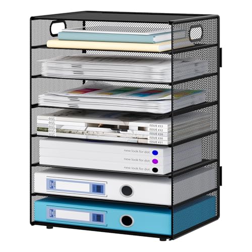 JEBELE 7 Fächer Schreibtisch Organizer Ablagefächer Magazin Organisator Dokumentenhalter Aktenablage Zeitschriftenhalter mit für Ordnern Metall,Schwarz