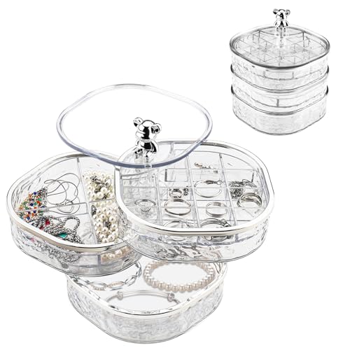 Zosenyer Schmuckkästchen, 3 Ebenen 360° Transparenter Jewellery Box mit Schminktisch Organizer und vielfältigen Abteilungen für Ohrringe, Ringe, Halsketten und Armbänder