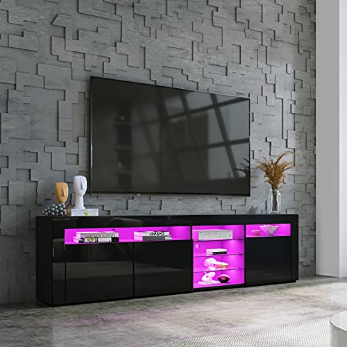 BESTWANTED TV-Ständer mit LED-Leuchten, moderner Hochglanz-TV-Schrank TV-Einheit 180 cm mit 3 Türen und offenen Glasregalen für Schlafzimmer, Wohnzimmer, Wohnmöbel (Schwarz)