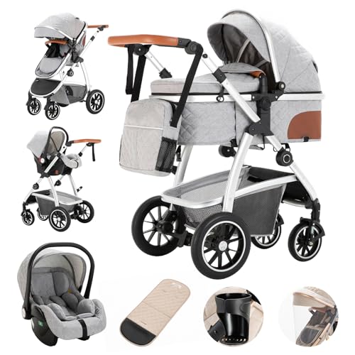 Gcarebb 3 in 1 Kinderwagen, Buggy Mit Auto Babyschale, Mit Höhenverstellbarer Kinderwagen Komplettset, KombiKinderwagen Mit Aluminiumrahmen für Neugeborene 0-4 Jahre